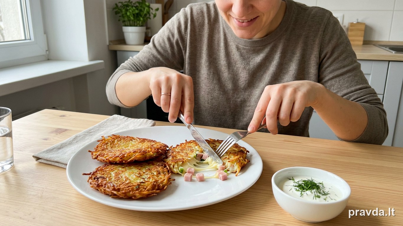 Bulviniai blynai su sūrio ir kumpio įdaru per 20 minučių – vakarienė, po kurios niekas nebeprašo papildomo